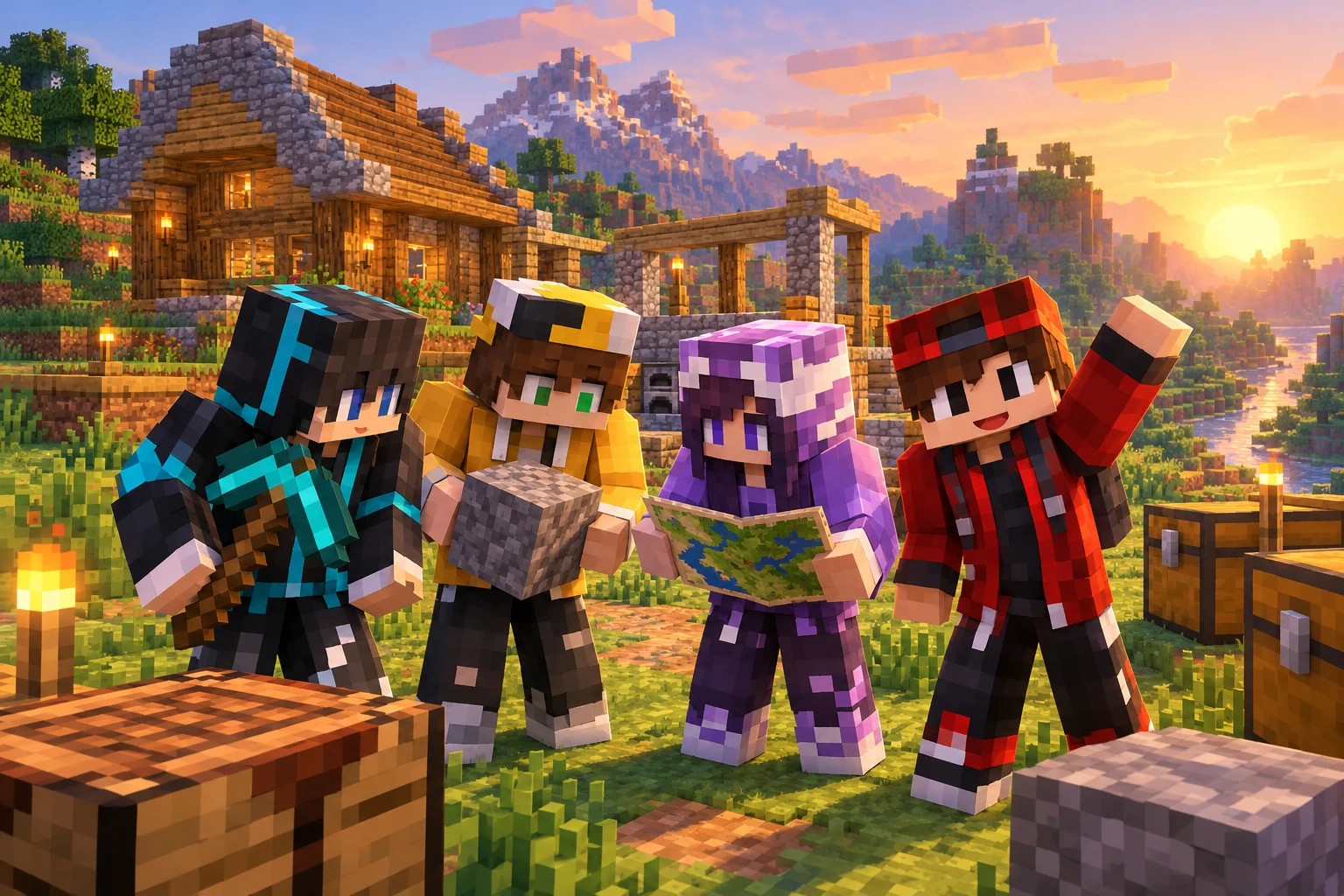 Minecraft players explore the world together and build a shared base