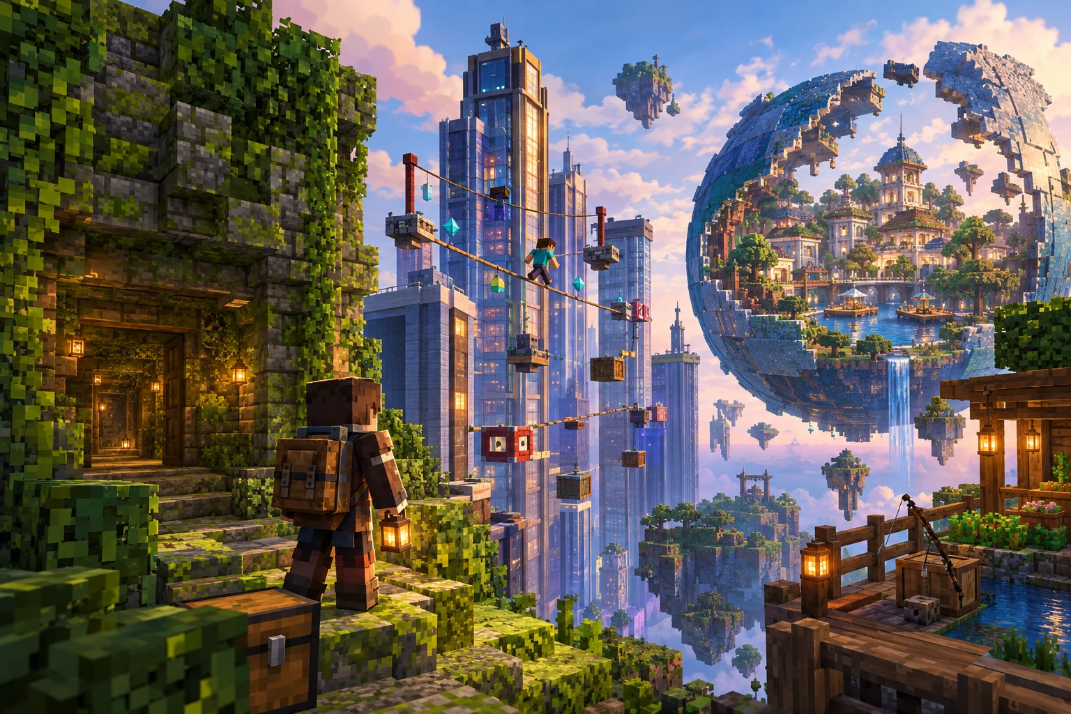 A selection of new Minecraft Java Realms maps, including a labyrinth, a skyscraper tightrope course and a city inside a broken sphere